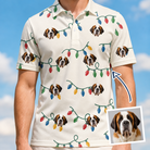 Man wearing Men's Twinkle Tangled Custom Dog Face Polo Shirt — custom faces printed all-over