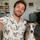 Selfie with the pet whose face is printed all over this Men's Twinkle Tangled Custom Dog Face Polo Shirt