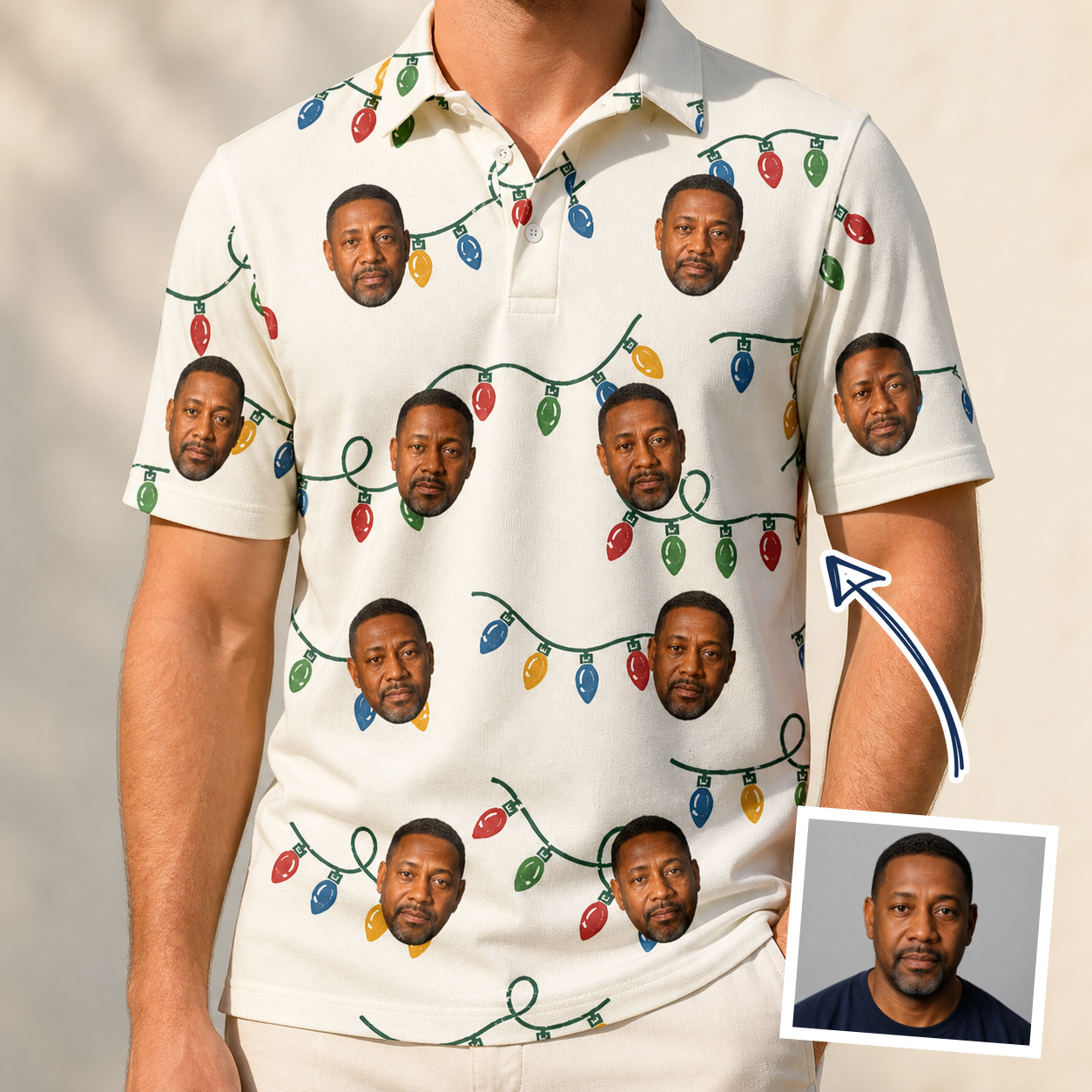 Man wearing Men's Twinkle Tangled Custom Face Polo Shirt — custom faces printed all-over
