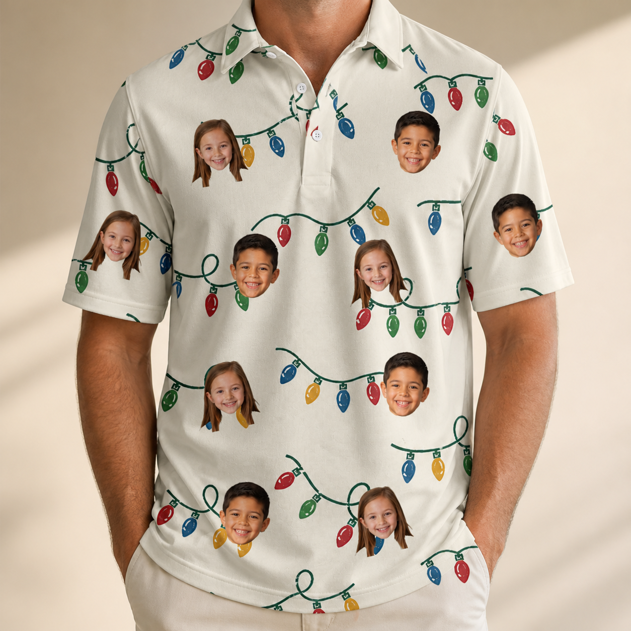 Model wearing Men's Twinkle Tangled Custom Face Polo Shirt printed with kids' faces
