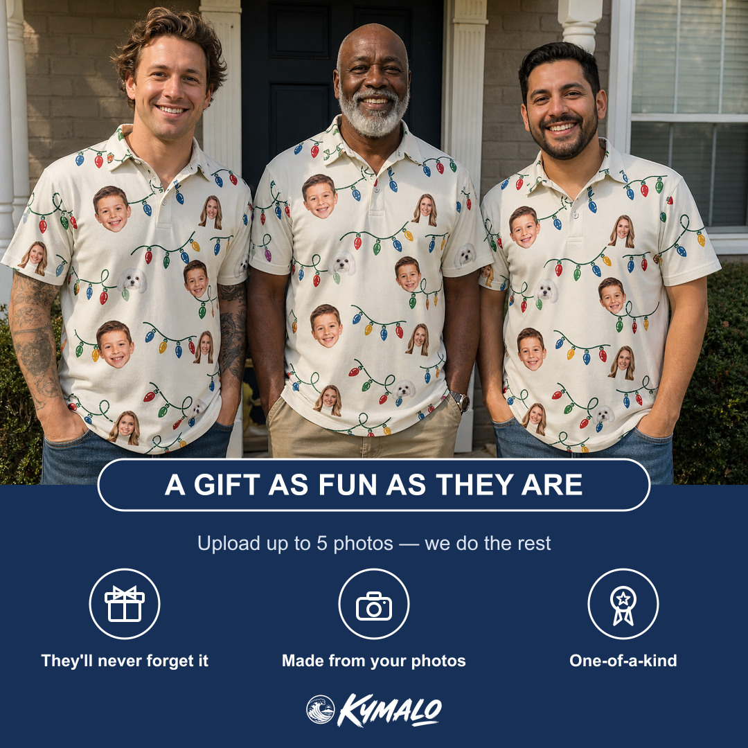 Friends in matching Men's Twinkle Tangled Custom Face Polo Shirt — a group gift photo