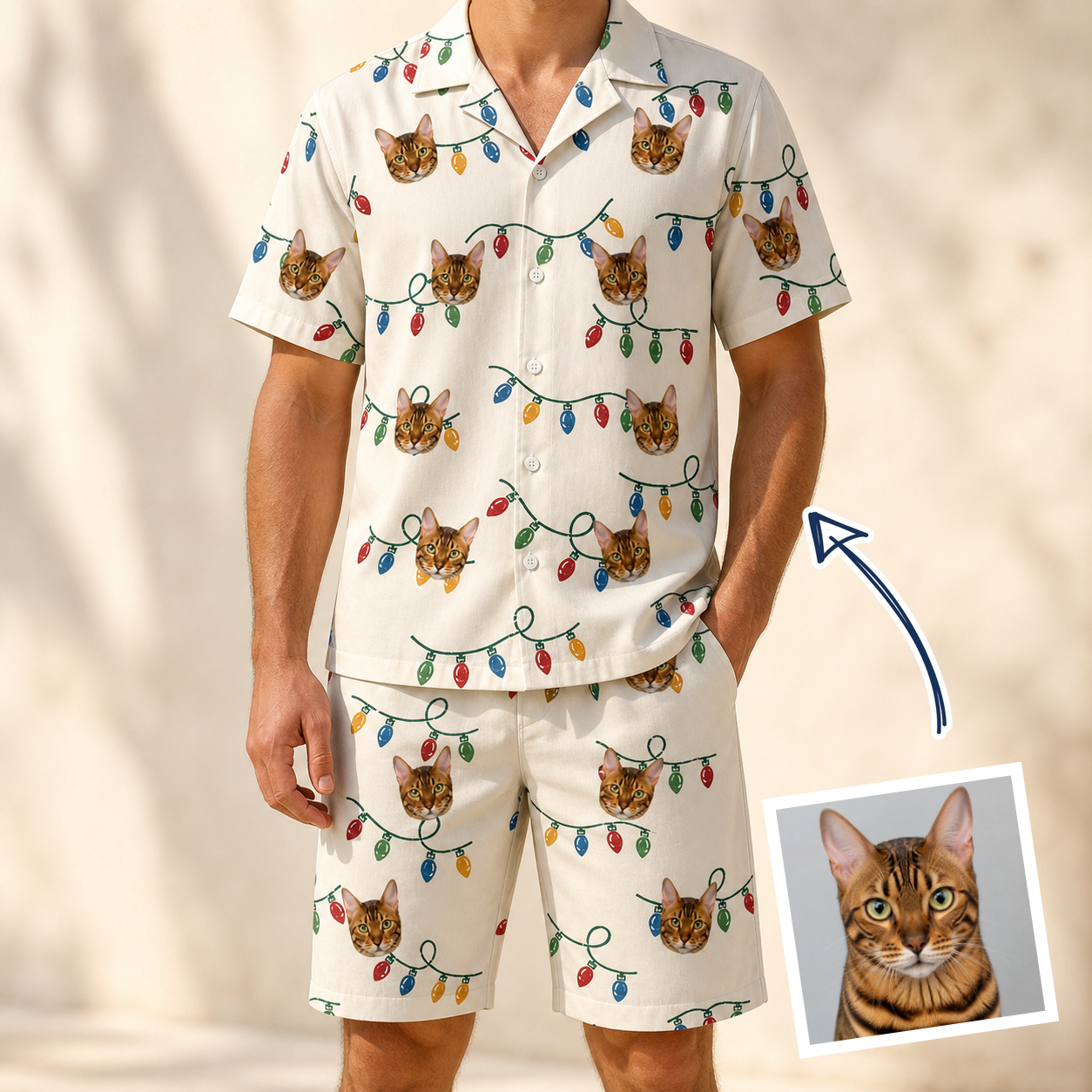 Man wearing Men's Twinkle Tangled Custom Cat Face Shirt & Shorts Set — custom faces printed all-over
