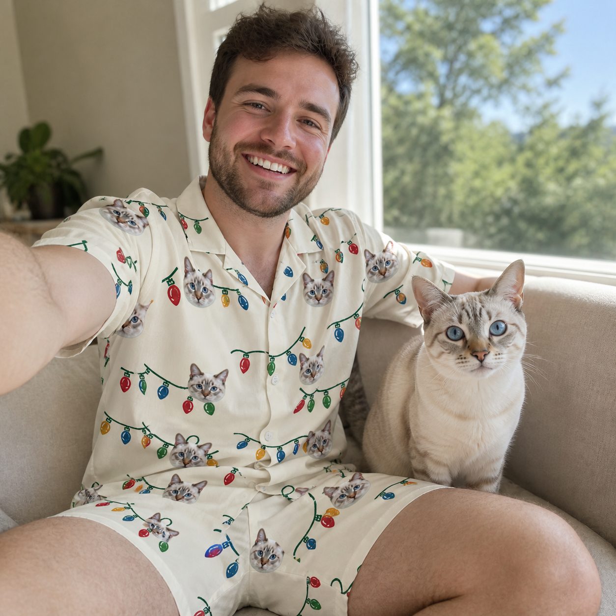 Selfie with the pet whose face is printed all over this Men's Twinkle Tangled Custom Cat Face Shirt & Shorts Set