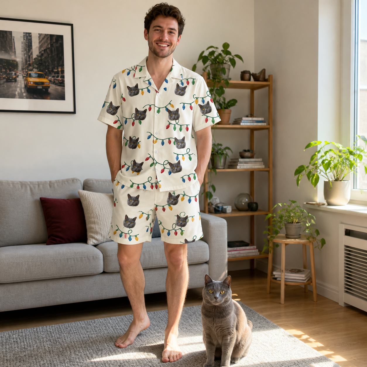 Full-length photo with the pet printed all over this Men's Twinkle Tangled Custom Cat Face Shirt & Shorts Set