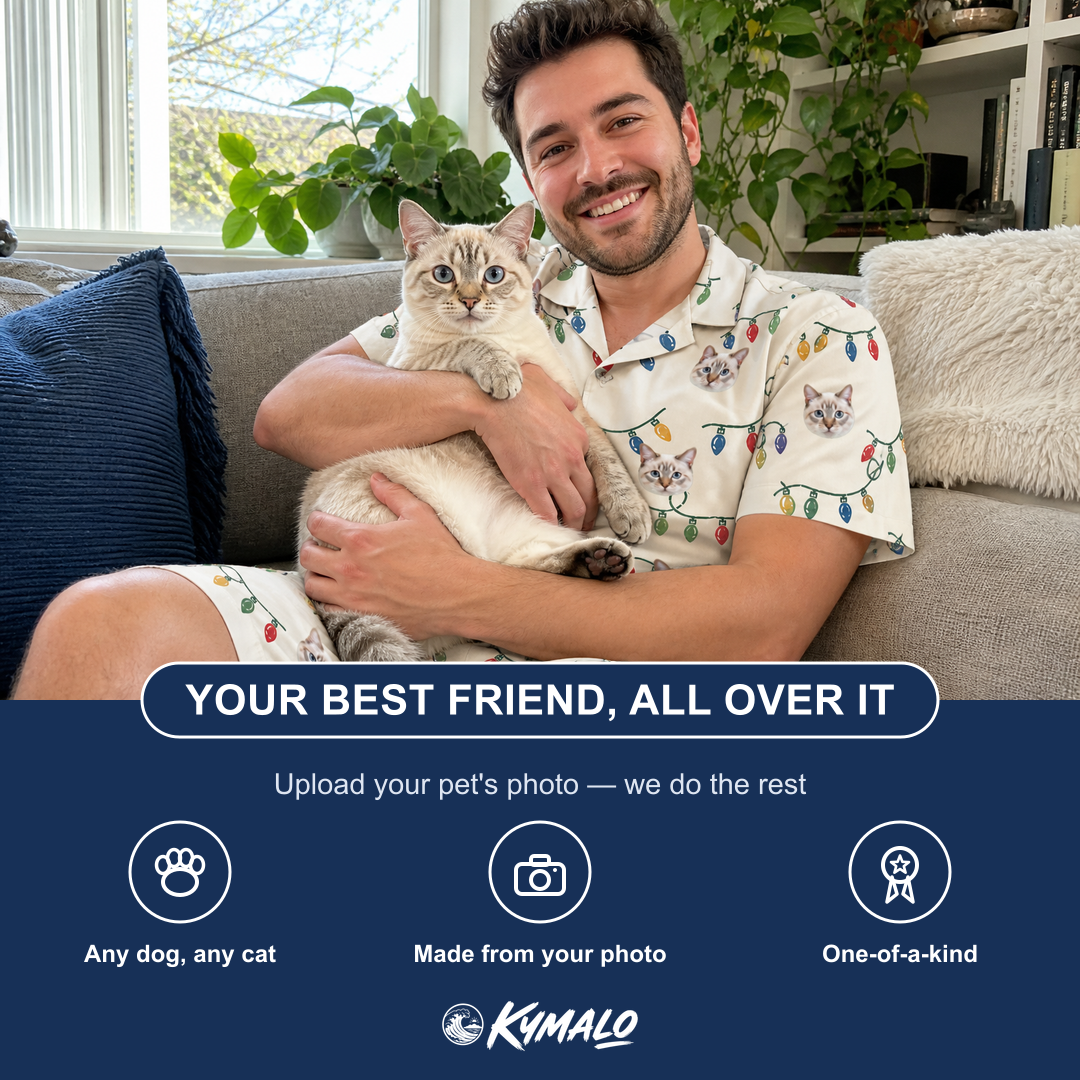 Friends in matching Men's Twinkle Tangled Custom Cat Face Shirt & Shorts Set — a group gift photo
