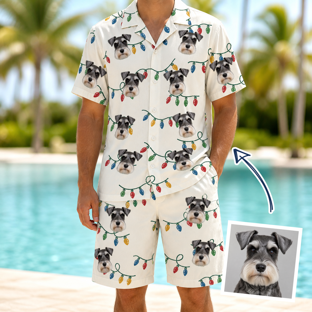 Man wearing Men's Twinkle Tangled Custom Dog Face Shirt & Shorts Set — custom faces printed all-over