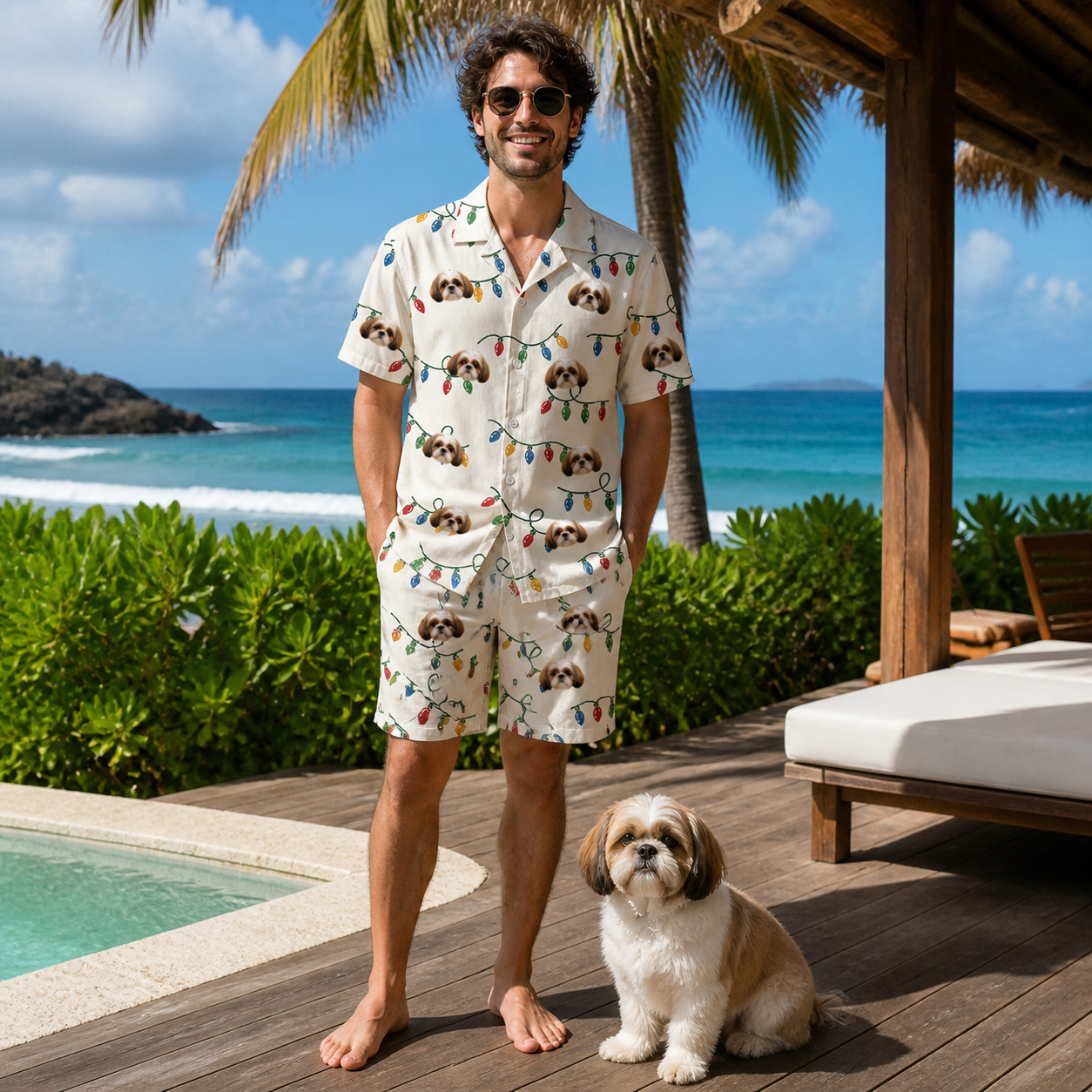 Full-length photo with the pet printed all over this Men's Twinkle Tangled Custom Dog Face Shirt & Shorts Set