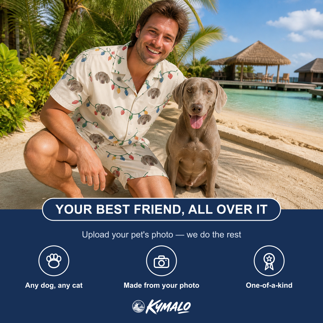 Friends in matching Men's Twinkle Tangled Custom Dog Face Shirt & Shorts Set — a group gift photo