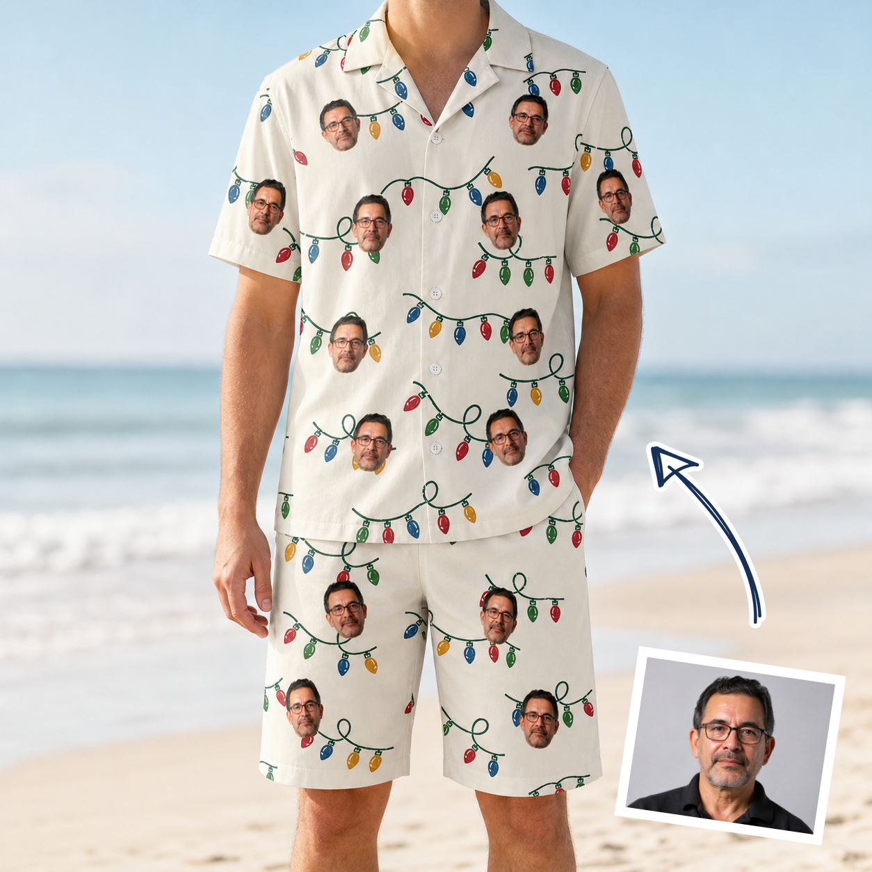 Man wearing Men's Twinkle Tangled Custom Face Shirt & Shorts Set — custom faces printed all-over
