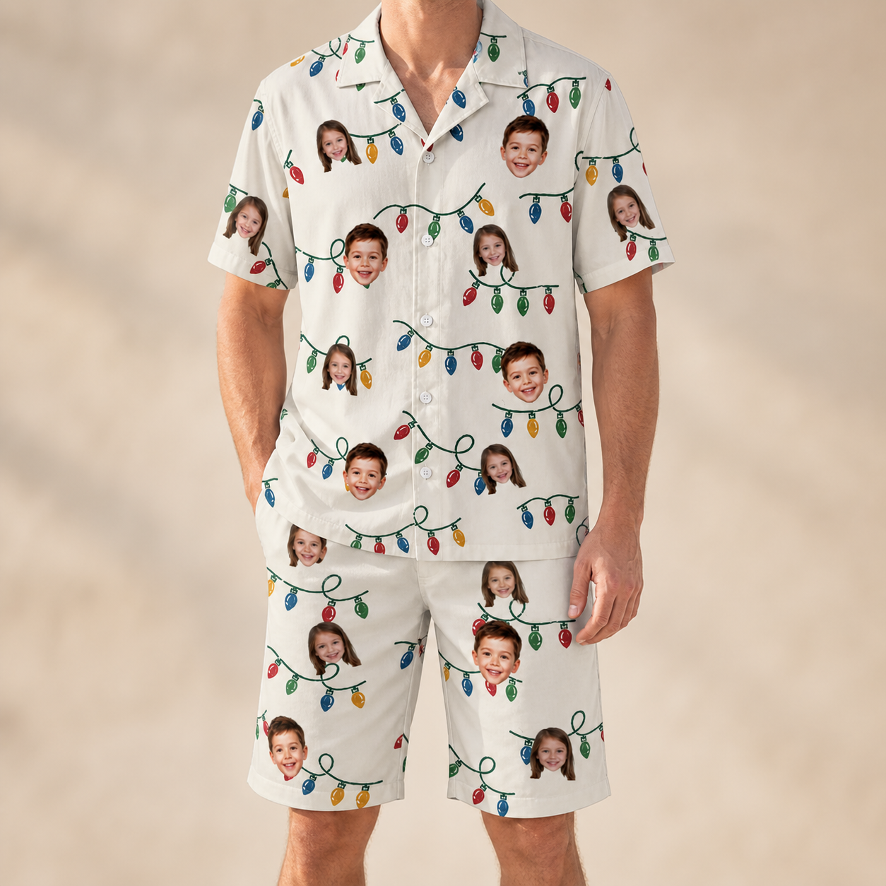 Model wearing Men's Twinkle Tangled Custom Face Shirt & Shorts Set printed with kids' faces