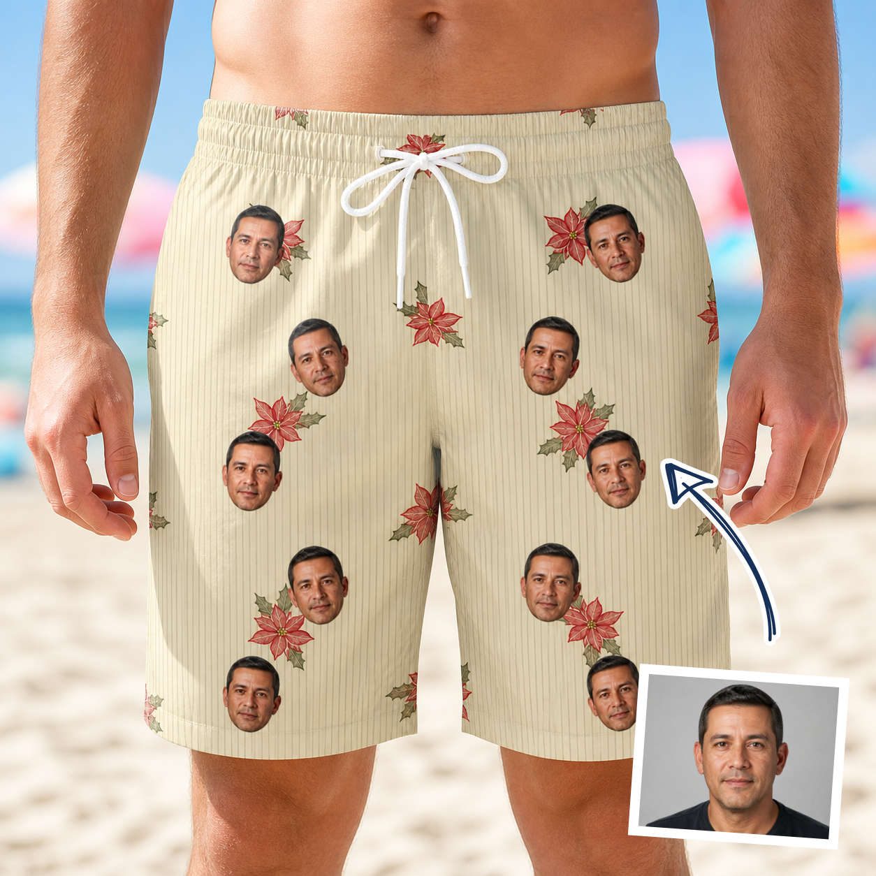 Man wearing Men's Poinsettia Pop Custom Face Beach Shorts — custom faces printed all-over