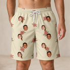 Model wearing Men's Poinsettia Pop Custom Face Beach Shorts printed with kids' faces