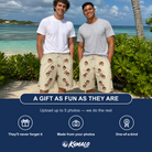 Friends in matching Men's Poinsettia Pop Custom Face Beach Shorts — a group gift photo