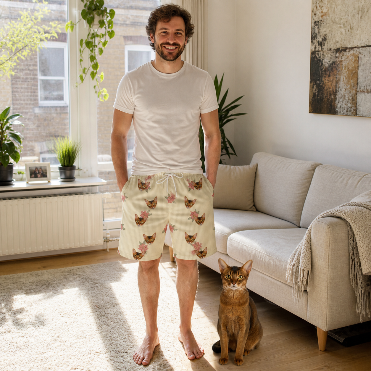 Full-length photo with the pet printed all over this Men's Poinsettia Pop Custom Cat Face Beach Shorts