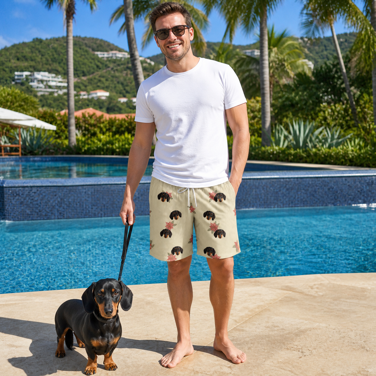 Full-length photo with the pet printed all over this Men's Poinsettia Pop Custom Dog Face Beach Shorts