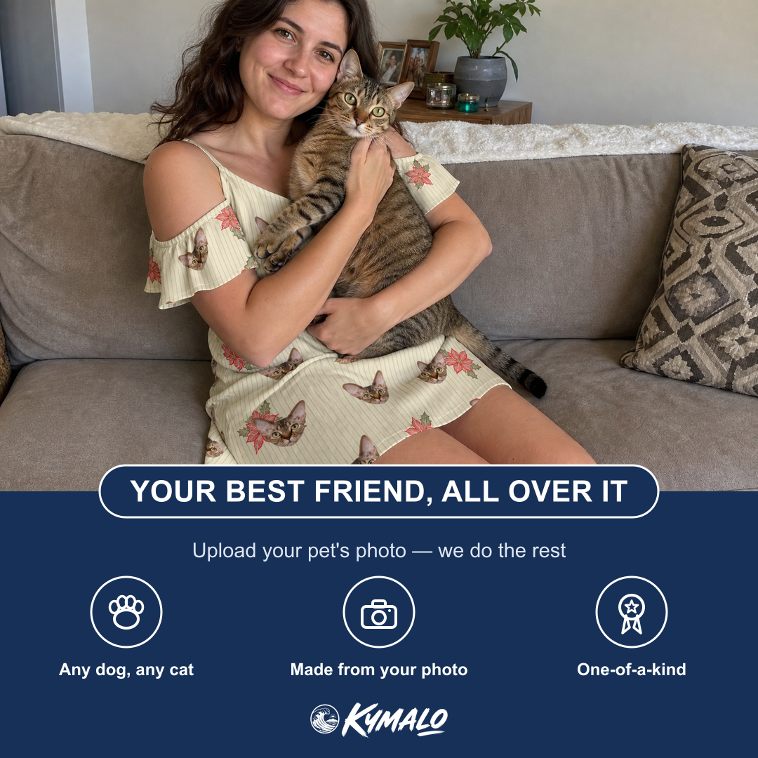 Friends in matching Women's Poinsettia Pop Custom Cat Face Off-Shoulder Dress — a group gift photo