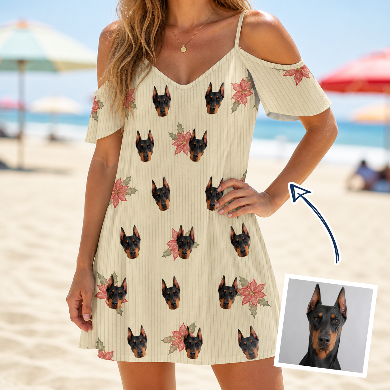 Woman wearing Women's Poinsettia Pop Custom Dog Face Off-Shoulder Dress — custom faces printed all-over
