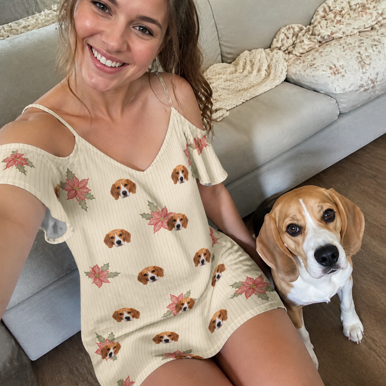 Selfie with the pet whose face is printed all over this Women's Poinsettia Pop Custom Dog Face Off-Shoulder Dress