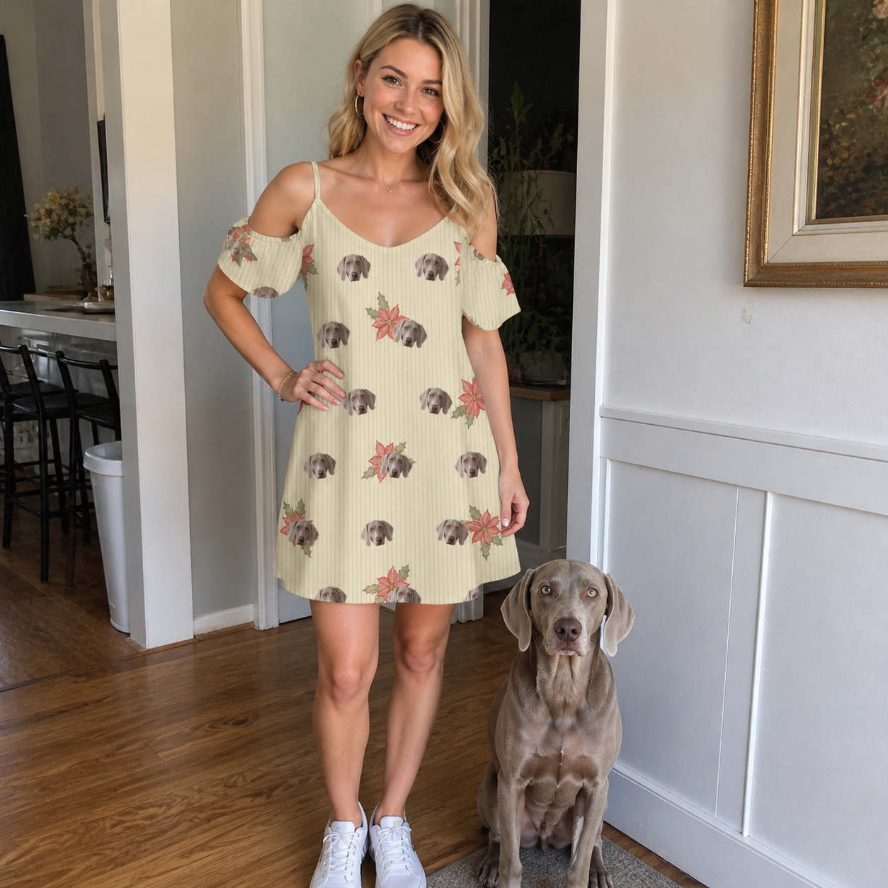 Full-length photo with the pet printed all over this Women's Poinsettia Pop Custom Dog Face Off-Shoulder Dress