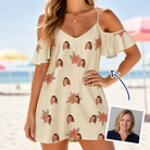Woman wearing Women's Poinsettia Pop Custom Face Off-Shoulder Dress — custom faces printed all-over