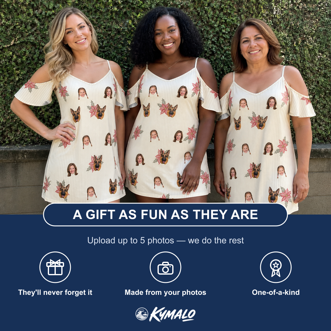 Friends in matching Women's Poinsettia Pop Custom Face Off-Shoulder Dress — a group gift photo
