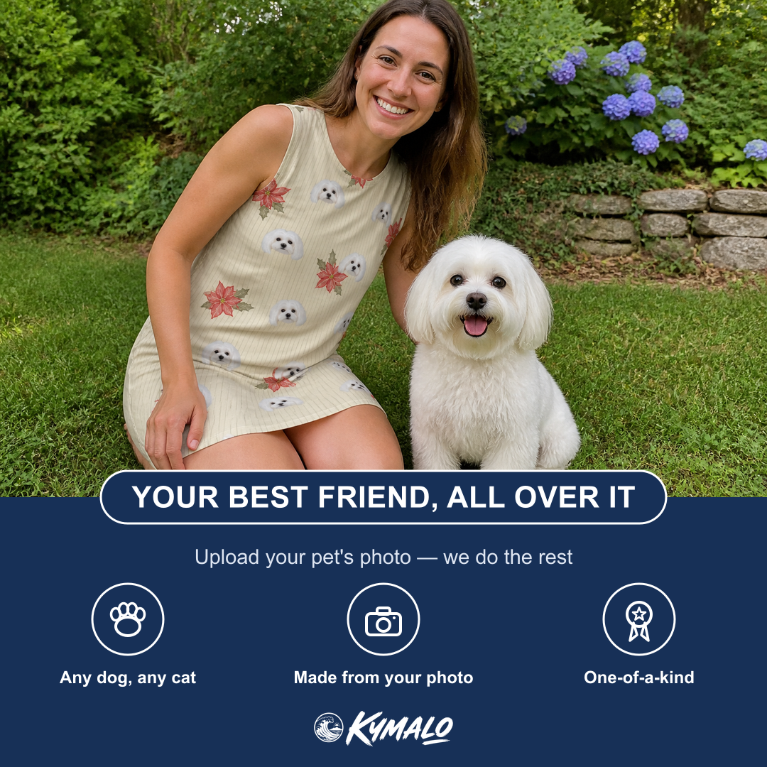 Friends in matching Women's Poinsettia Pop Custom Dog Face Tank Dress — a group gift photo