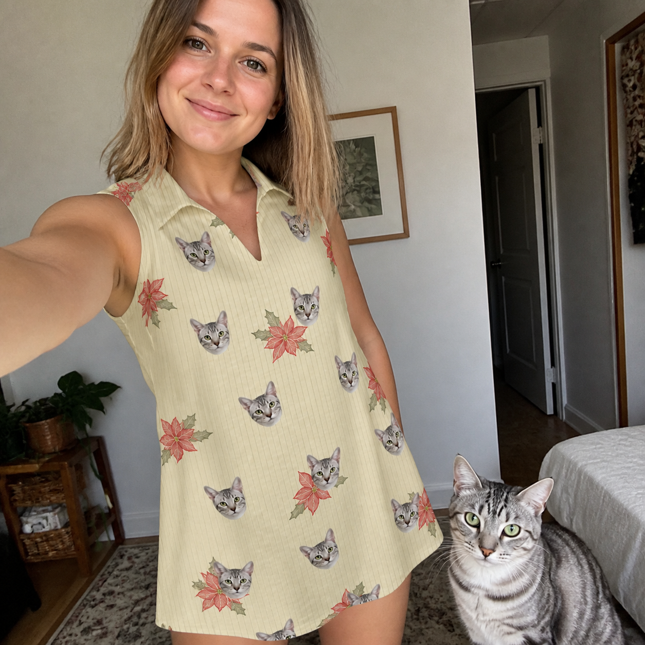 Selfie with the pet whose face is printed all over this Women's Poinsettia Pop Custom Cat Face V-Neck Dress