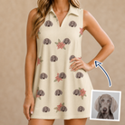 Woman wearing Women's Poinsettia Pop Custom Dog Face V-Neck Dress — custom faces printed all-over
