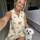 Selfie with the pet whose face is printed all over this Women's Poinsettia Pop Custom Dog Face V-Neck Dress