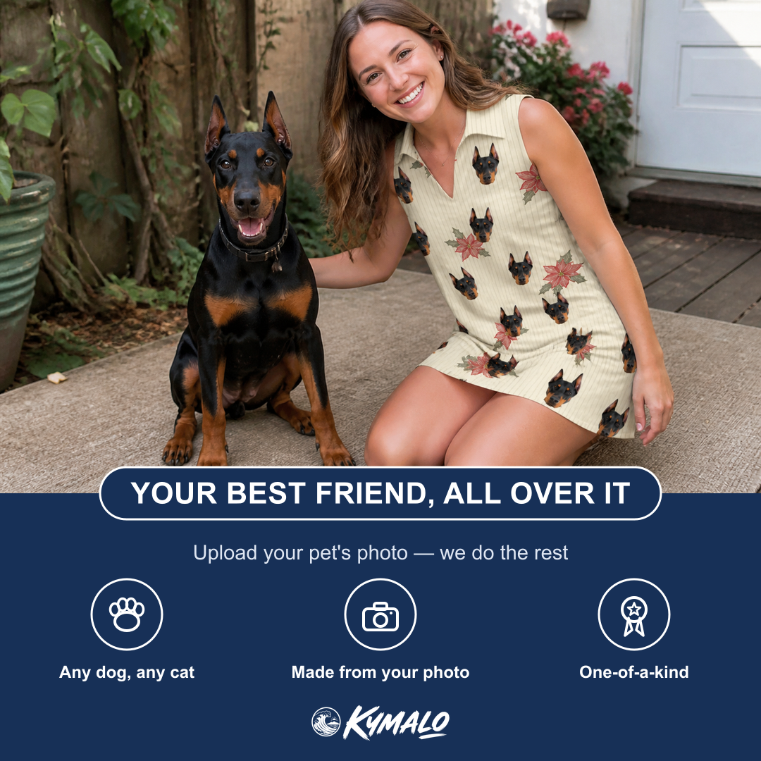 Friends in matching Women's Poinsettia Pop Custom Dog Face V-Neck Dress — a group gift photo