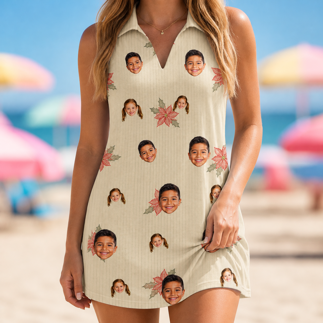 Model wearing Women's Poinsettia Pop Custom Face V-Neck Dress printed with kids' faces