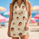 Model wearing Women's Poinsettia Pop Custom Face V-Neck Dress printed with kids' faces