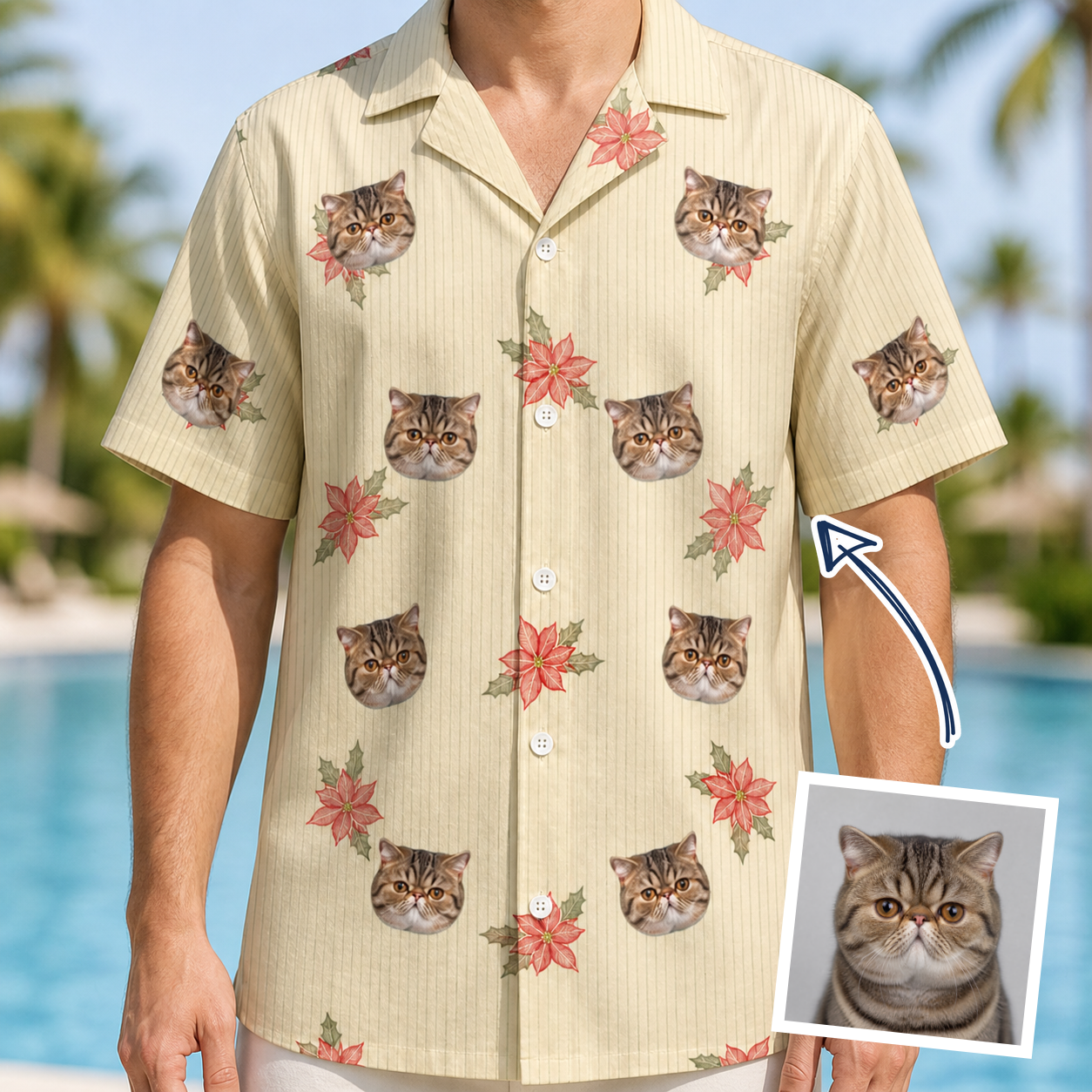 Man wearing Men's Poinsettia Pop Custom Cat Face Hawaiian Shirt — custom faces printed all-over
