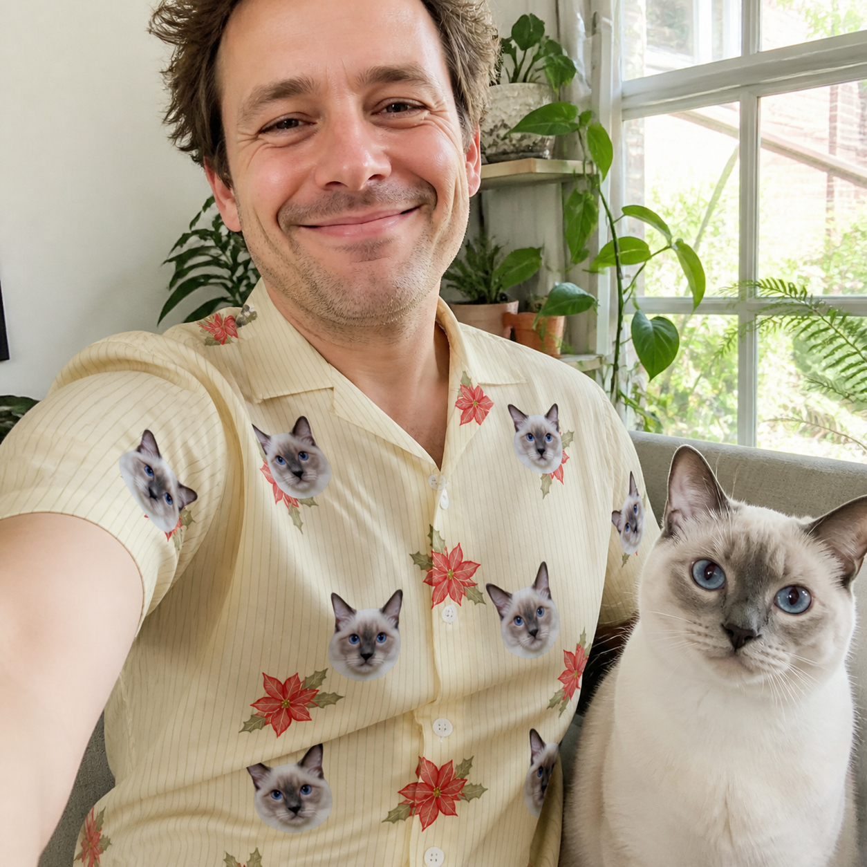 Selfie with the pet whose face is printed all over this Men's Poinsettia Pop Custom Cat Face Hawaiian Shirt