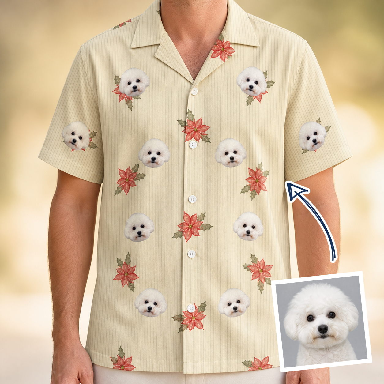 Man wearing Men's Poinsettia Pop Custom Dog Face Hawaiian Shirt — custom faces printed all-over