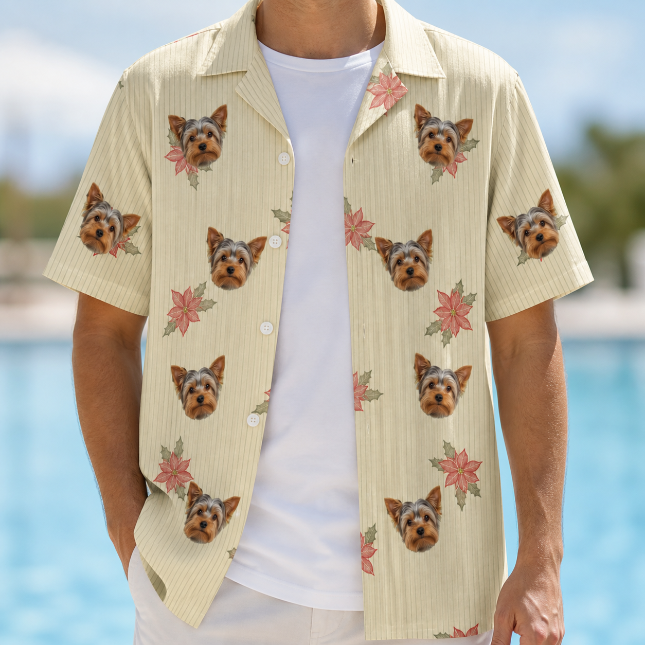 Man wearing Men's Poinsettia Pop Custom Dog Face Hawaiian Shirt open over a white tee