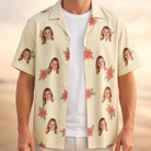 Man wearing Men's Poinsettia Pop Custom Face Hawaiian Shirt open over a white tee