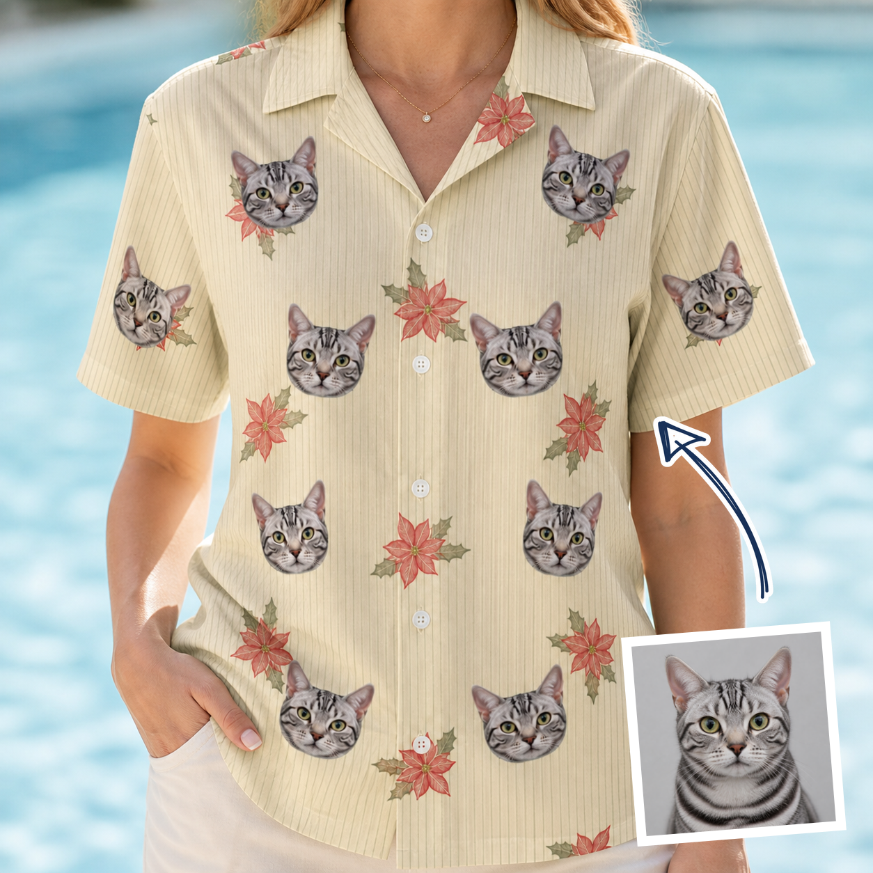 Woman wearing Women's Poinsettia Pop Custom Cat Face Hawaiian Shirt — custom faces printed all-over
