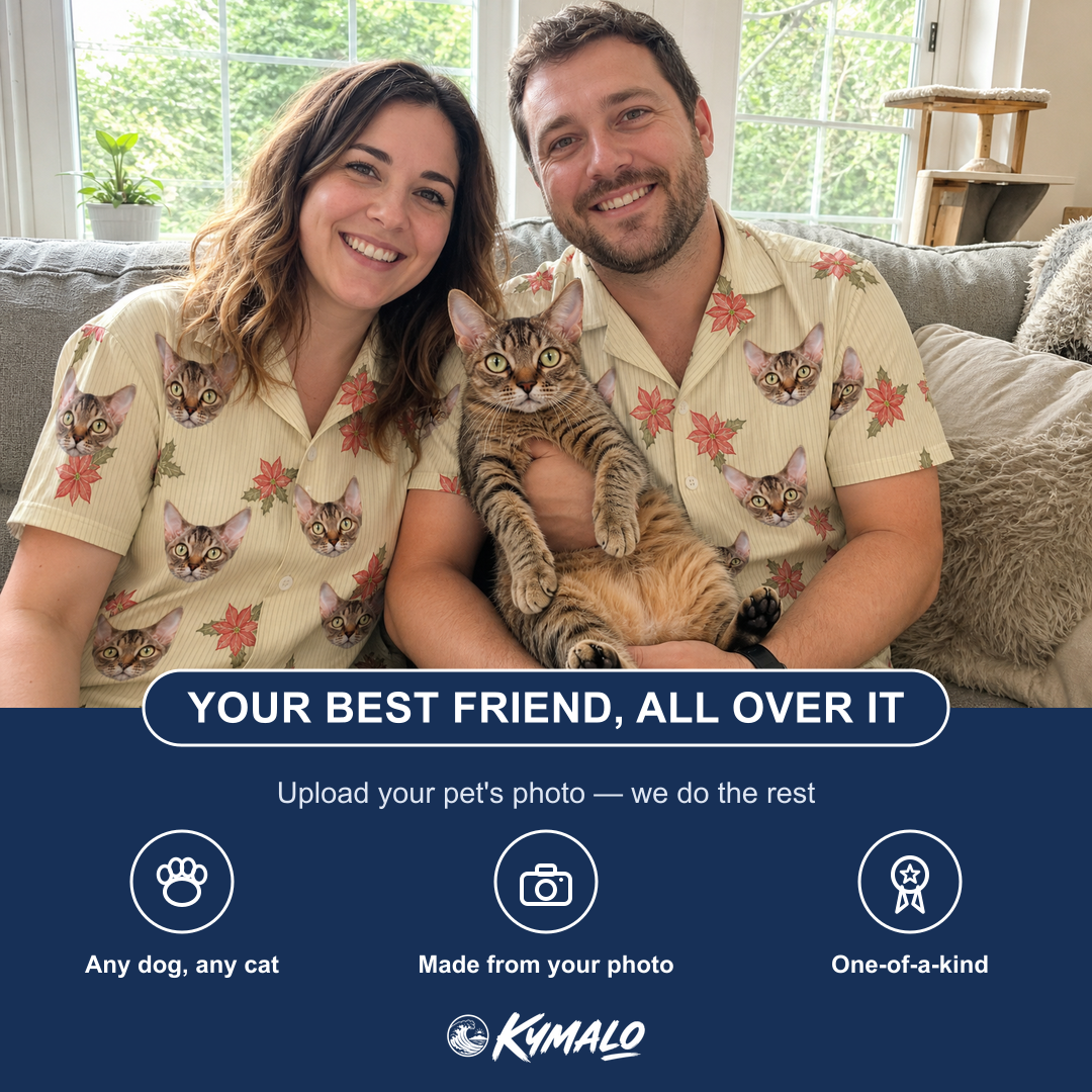 Friends in matching Women's Poinsettia Pop Custom Cat Face Hawaiian Shirt — a group gift photo