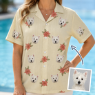Woman wearing Women's Poinsettia Pop Custom Dog Face Hawaiian Shirt — custom faces printed all-over