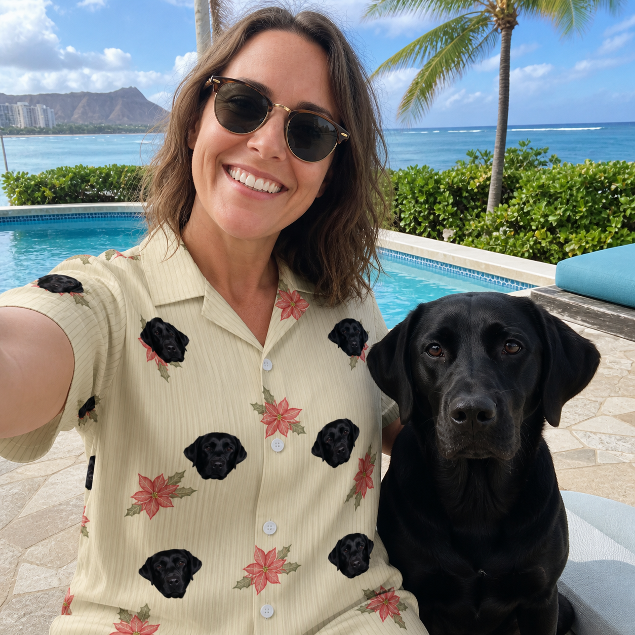 Selfie with the pet whose face is printed all over this Women's Poinsettia Pop Custom Dog Face Hawaiian Shirt