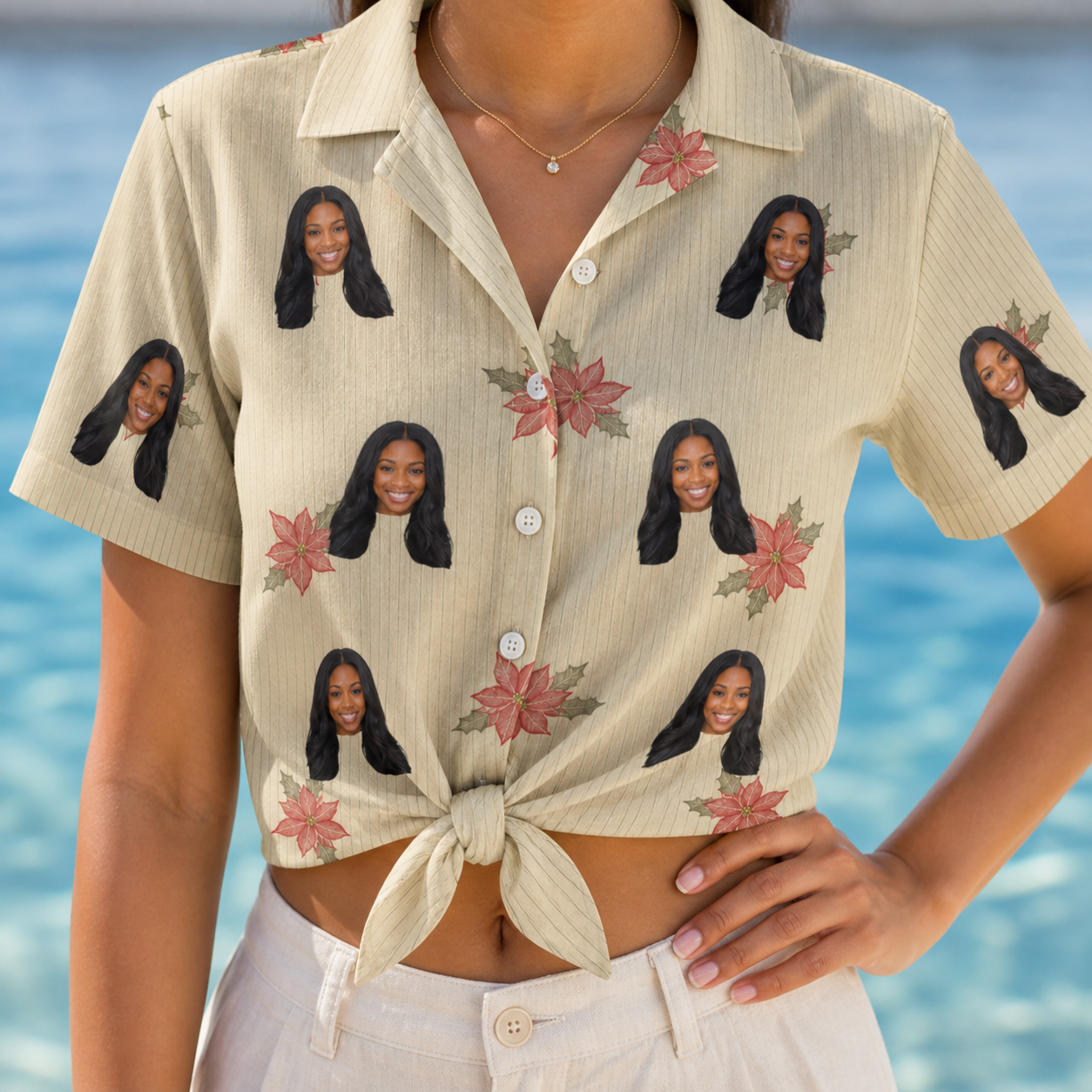 Woman wearing Women's Poinsettia Pop Custom Face Hawaiian Shirt tied at the waist