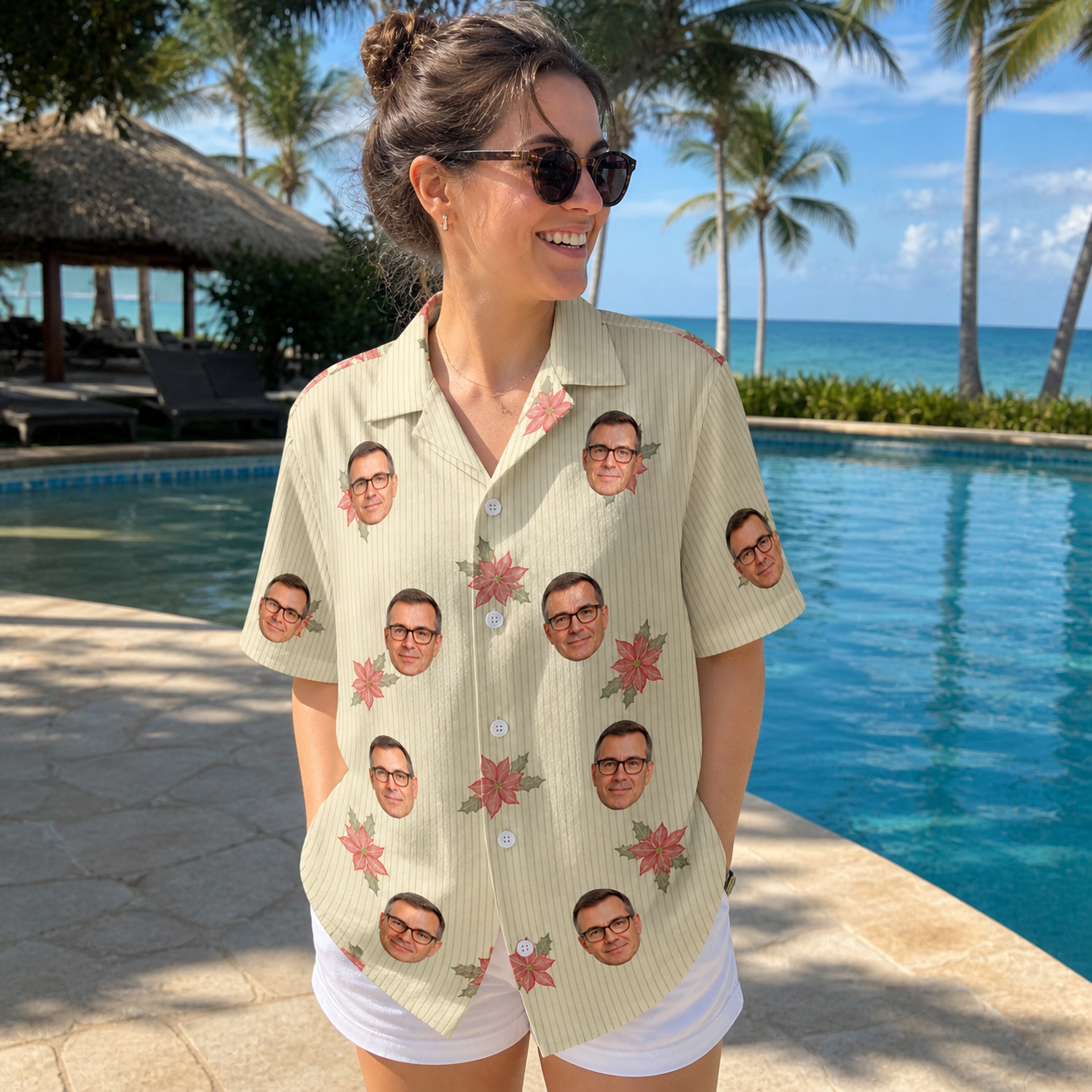 Real-life photo of someone wearing Women's Poinsettia Pop Custom Face Hawaiian Shirt — custom faces printed all-over