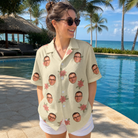 Real-life photo of someone wearing Women's Poinsettia Pop Custom Face Hawaiian Shirt — custom faces printed all-over