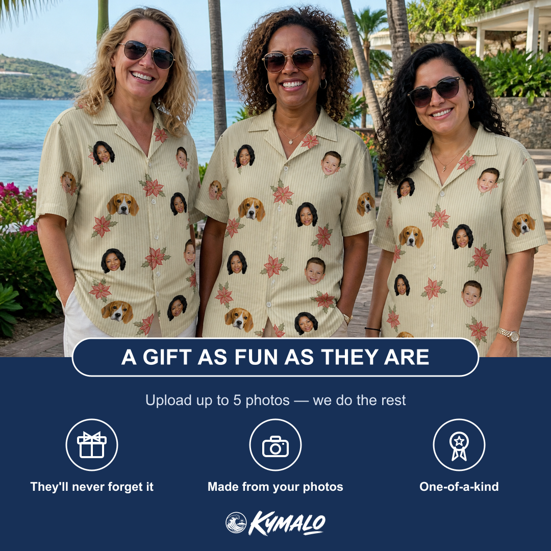 Friends in matching Women's Poinsettia Pop Custom Face Hawaiian Shirt — a group gift photo