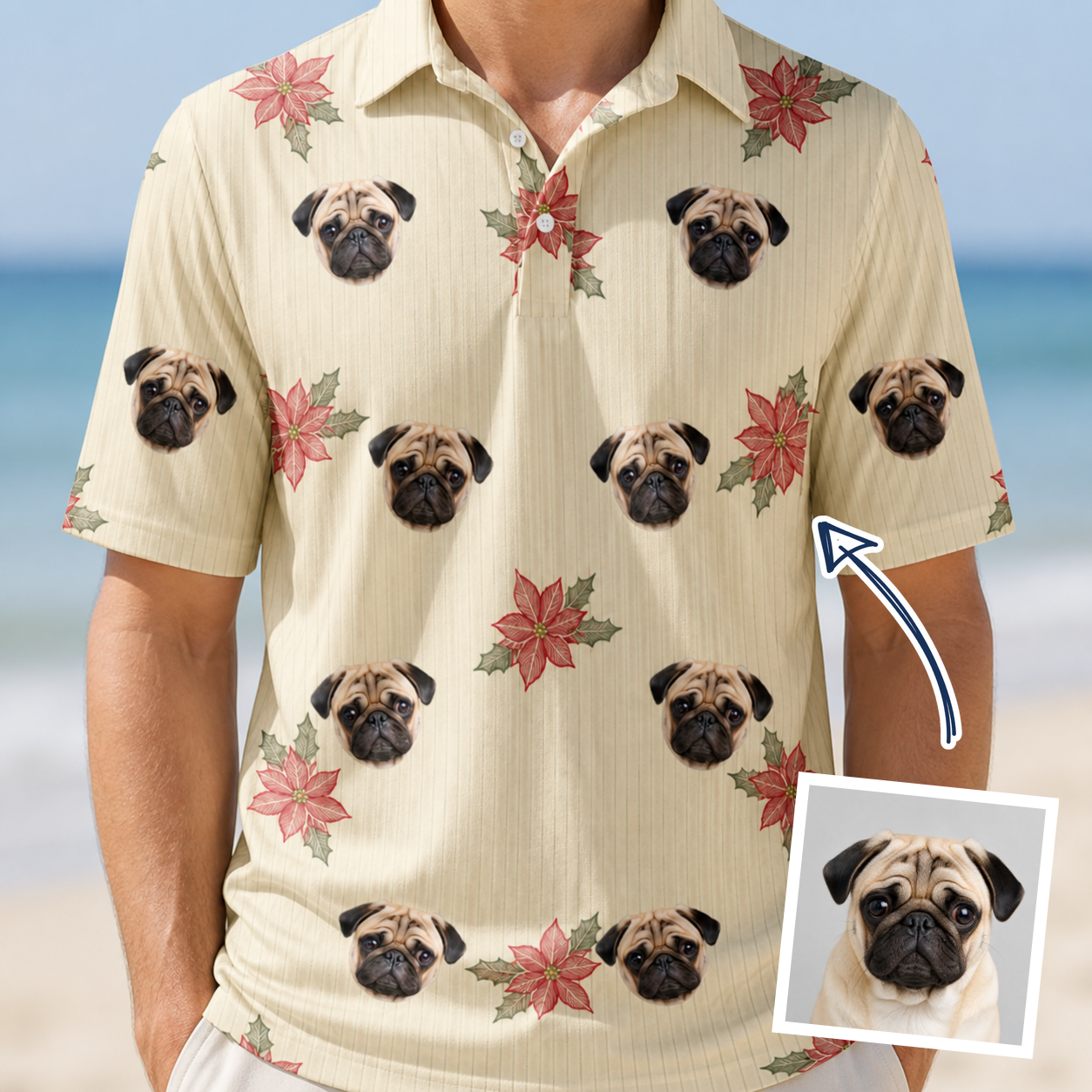 Man wearing Men's Poinsettia Pop Custom Dog Face Polo Shirt — custom faces printed all-over