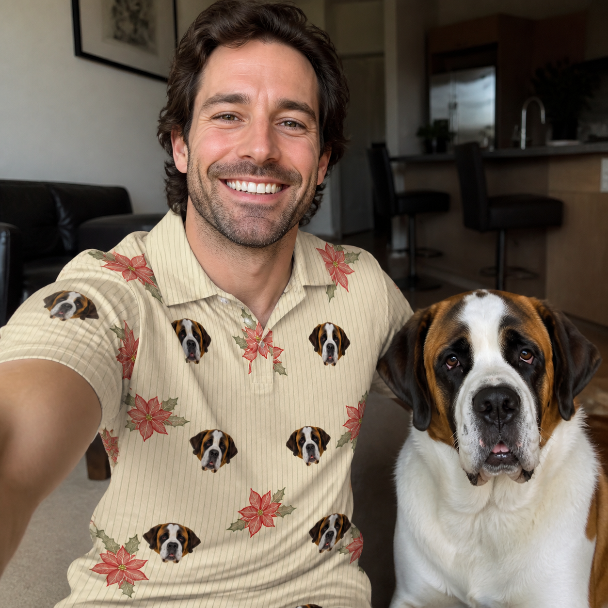 Selfie with the pet whose face is printed all over this Men's Poinsettia Pop Custom Dog Face Polo Shirt