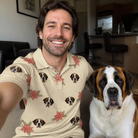 Selfie with the pet whose face is printed all over this Men's Poinsettia Pop Custom Dog Face Polo Shirt