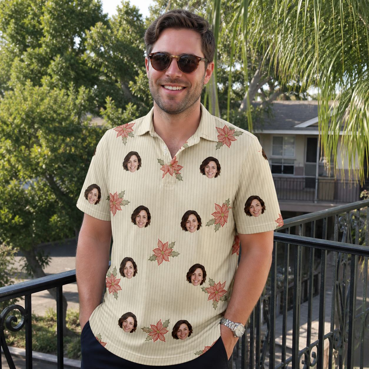 Real-life photo of someone wearing Men's Poinsettia Pop Custom Face Polo Shirt — custom faces printed all-over