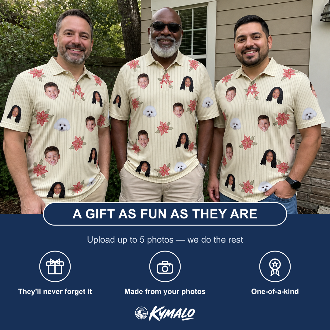Friends in matching Men's Poinsettia Pop Custom Face Polo Shirt — a group gift photo